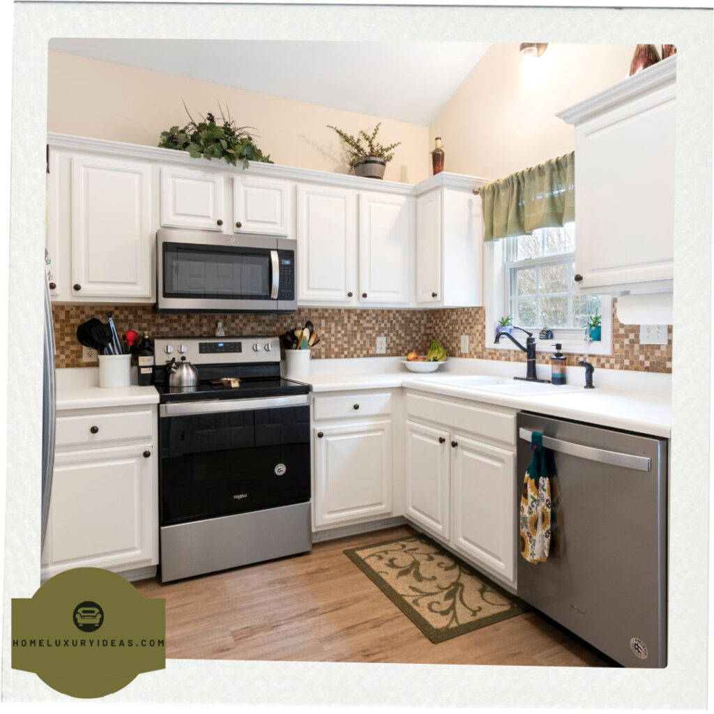 White Kitchen with Blue Pearl Granite Backsplash