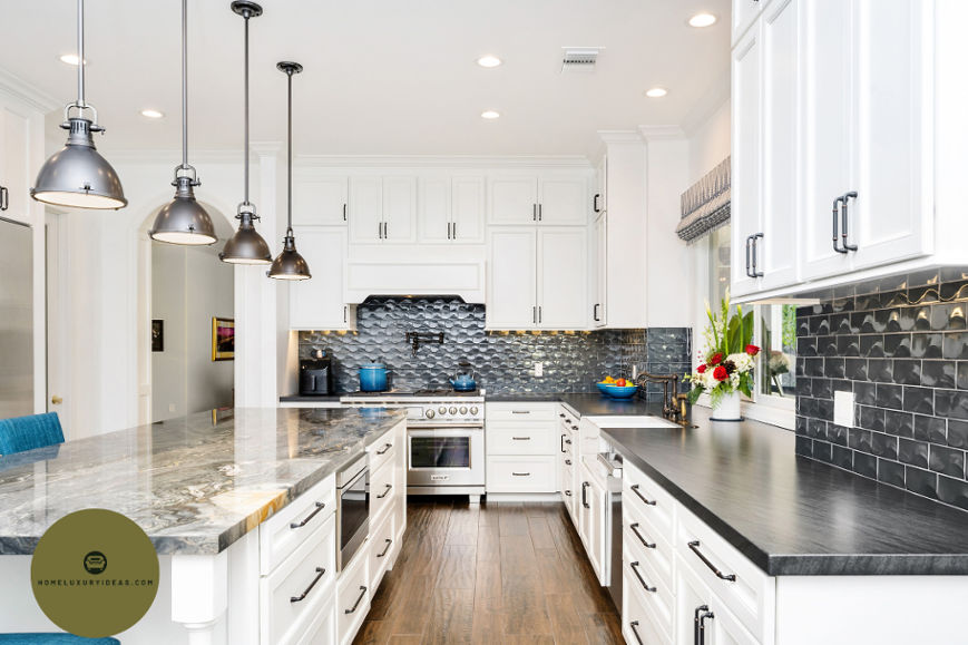 White Kitchen with Blue Pearl Granite Backsplash